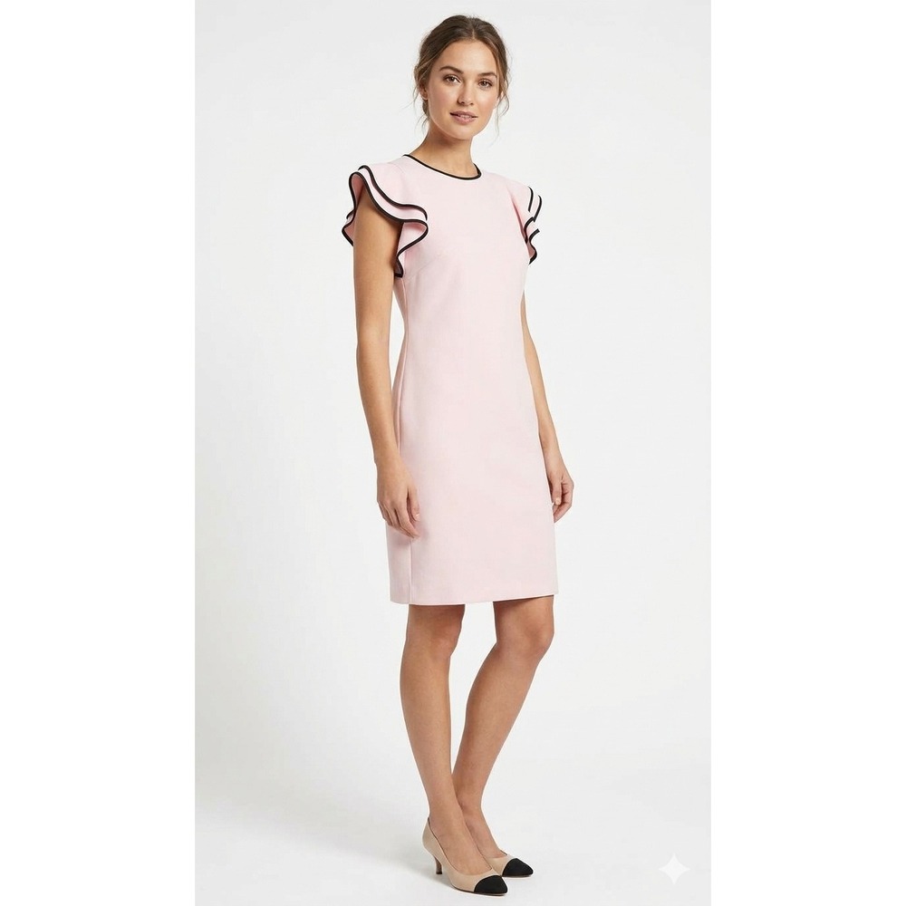 Tommy Hilfiger Pink Ruffle Sleeve Sheath Dress Size 10 Contrast Trim Sleeveless